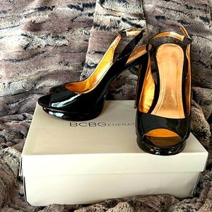 BCBGeneration Black Patent Leather Sling Heels, size 9.5